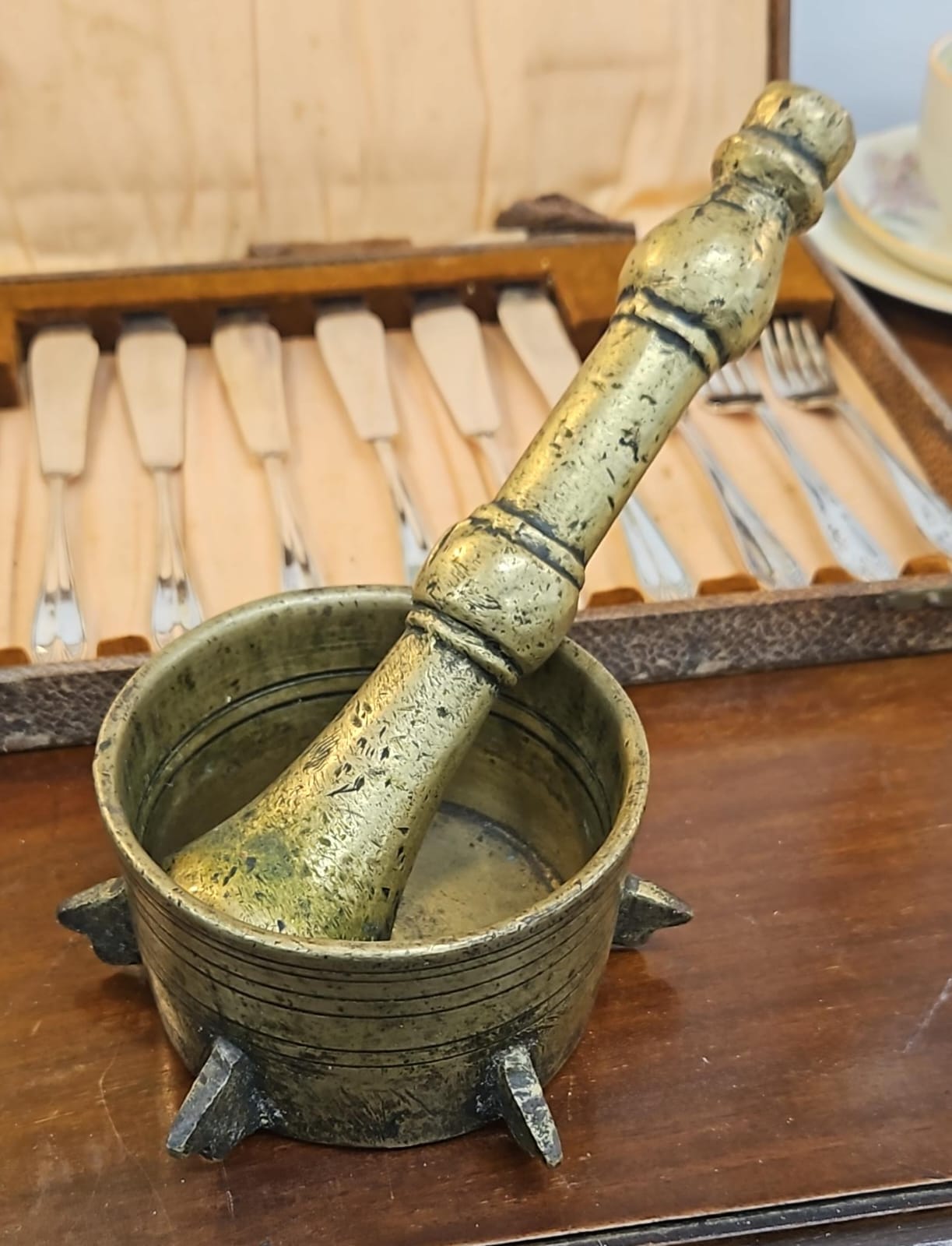 The main photo for 18th century solid brass Mortar &Pestle. Designed for Apothecary use. Hand forged detailing