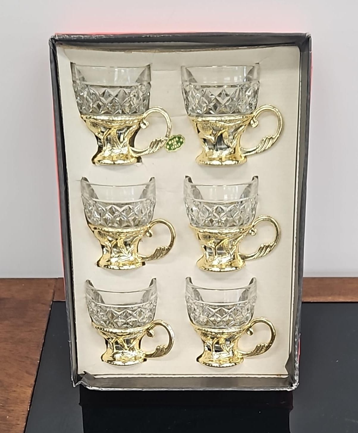 The main photo for Set of crystal coffee cups circa 1970s in original box. Made in Italy